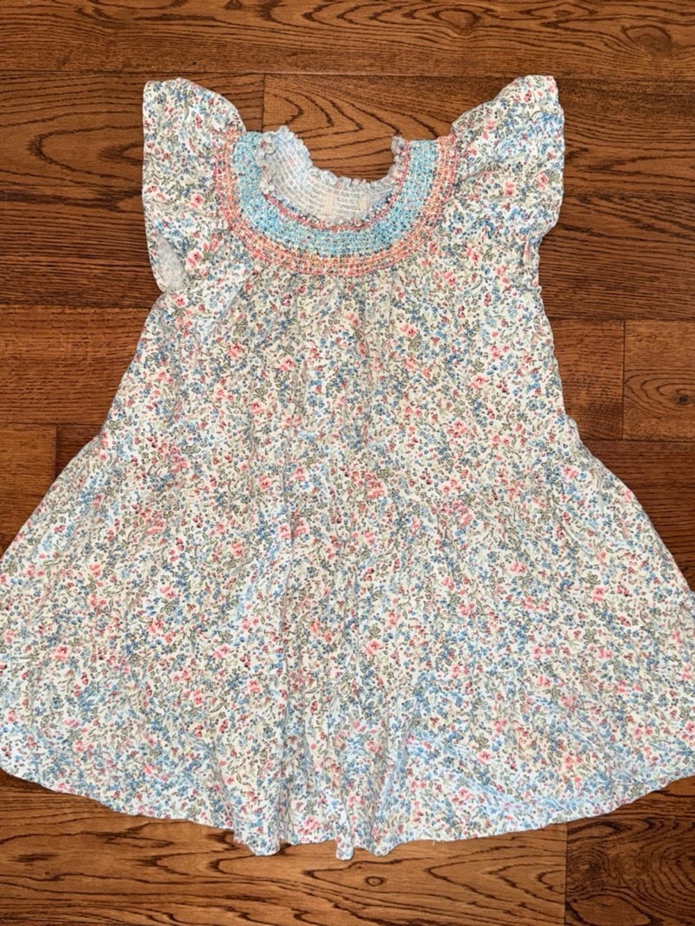 Girls' Blue and Pink Floral Smocked Dress
